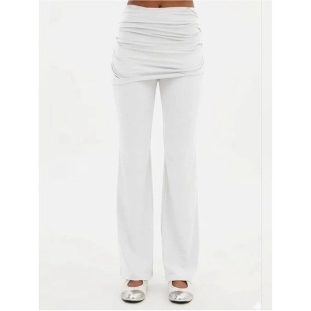Girlfriend Collective White Ruched Skirt Overlay Flare Leg Pants white S NEW